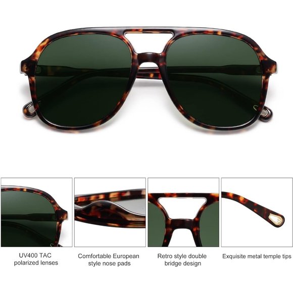 Women Classic 70s Brown Tortoise/Green Square Oversized Polarized Sunglasses - Picture 2 of 5